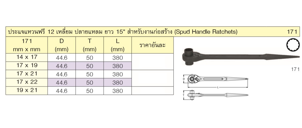 KOKEN 171B-15 ด้ามฟรี ปลายแหลม 1/2นิ้ว-15นิ้ว สำหรับงานก่อสร้าง (380mm)