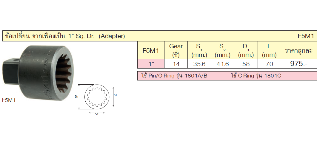 KOKEN #F5M1 ข้อเปลี่ยน จากเฟืองเป็น 1นิ้ว Sq. Dr.