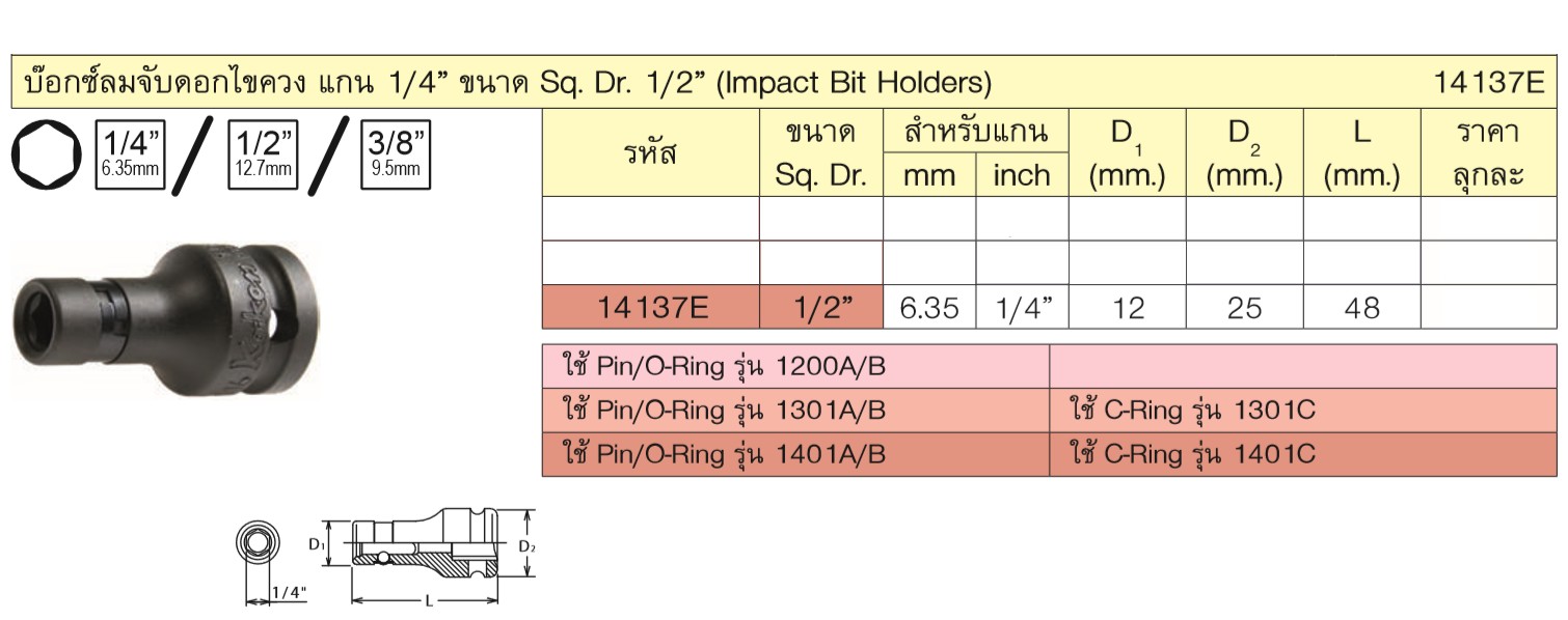 KOKEN 14137E บ๊อกซ์ลม 1/2นิ้ว จับดอกไขควง ขนาดแกนไขควง 1/4นิ้ว