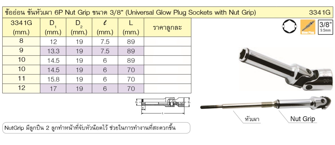KOKEN 3341G-8 ข้ออ่อน ขันหัวเผา 6P Nut Grip 3/8นิ้ว-8mm