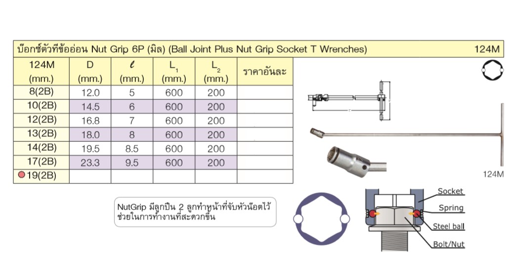 KOKEN 124M บ๊อกซ์ตัวทีข้ออ่อน Nut Grip 6P (มิล)-12(2B)
