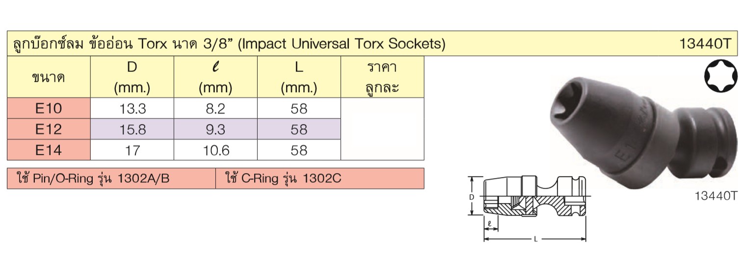 KOKEN 13440T ลูกบ๊อกซ์ลม ข้ออ่อน Torx นาด 3/8นิ้ว-E10