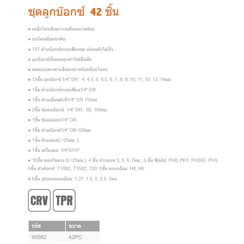 KENDO 90562 บ๊อกชุด 1/4นิ้ว-6P-42 ชิ้น/ชุด (ขนาด 2 หุน)
