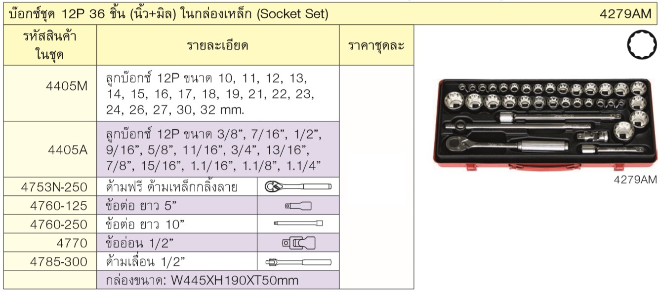 KOKEN 4279AM บ๊อกชุด 12P(มิล+นิ้ว) 36ชิ้น ในกล่องเหล็ก