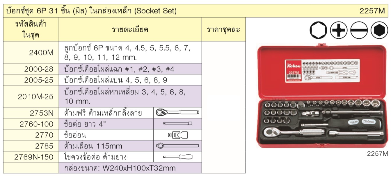 KOKEN 2257M บ๊อกชุด 6P 31ชิ้น(มิล) ในกล่องเหล็ก 