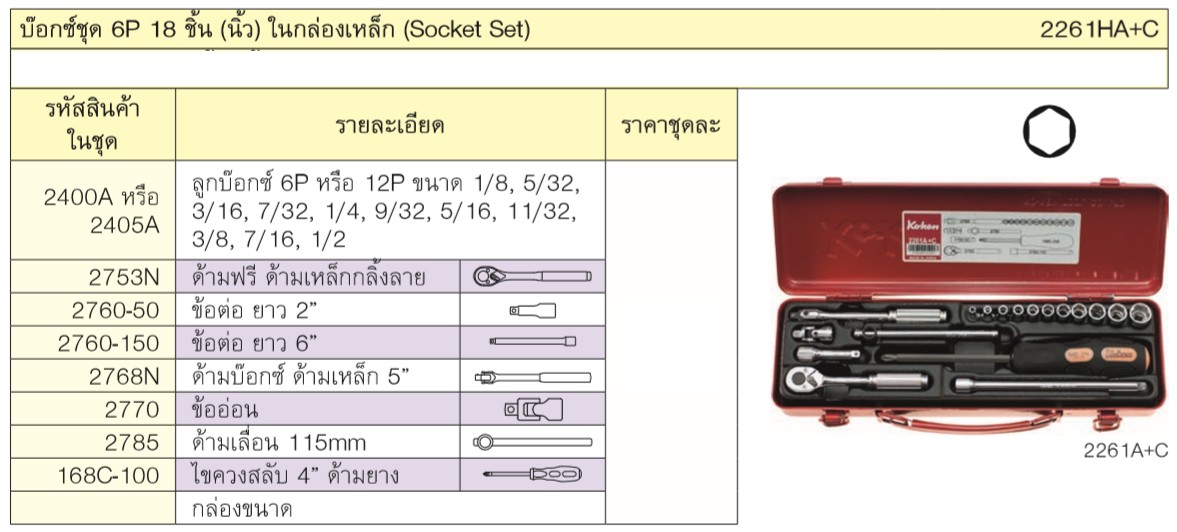 KOKEN 2261HA+C บ๊อกซ์ชุด 6P 18 ชิ้น (นิ้ว) ในกล่องเหล็ก