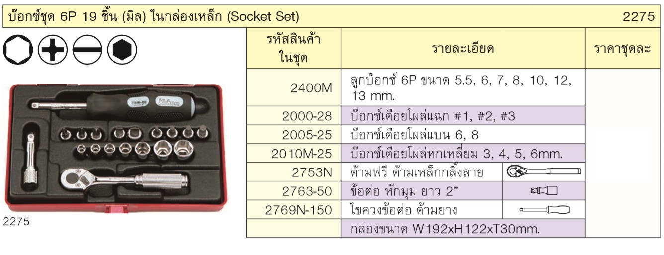 KOKEN 2275 บ๊อกซ์ชุด 6P 19 ชิ้น (มิล) ในกล่องเหล็ก