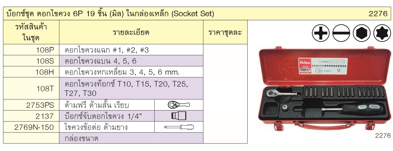KOKEN 2276 บ๊อกซ์ชุด ดอกไขควง 6P 19 ชิ้น (มิล) ในกล่องเหล็ก