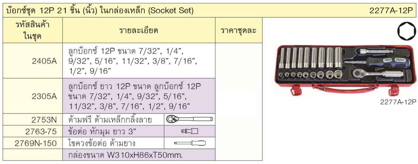 KOKEN 2277A-12P บ๊อกซ์ชุด 12P 21 ชิ้น (นิ้ว) ในกล่องเหล็ก