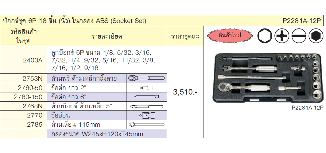 KOKEN P2281A-12P บ๊อกซ์ชุด 12P 18 ชิ้น (นิ้ว) ในกล่อง ABS