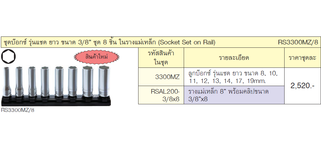 KOKEN RS3300MZ/8 ชุดบ๊อกซ์ รุ่นแชด ยาว ขนาด 3/8นิ้ว ชุด 8 ชิ้น ในรางแม่เหล็ก