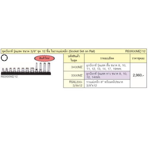 KOKEN RS3X00MZ/12 ชุดบ๊อกซ์ รุ่นแชด ขนาด 3/8นิ้ว ชุด 12 ชิ้น ในรางแม่เหล็ก