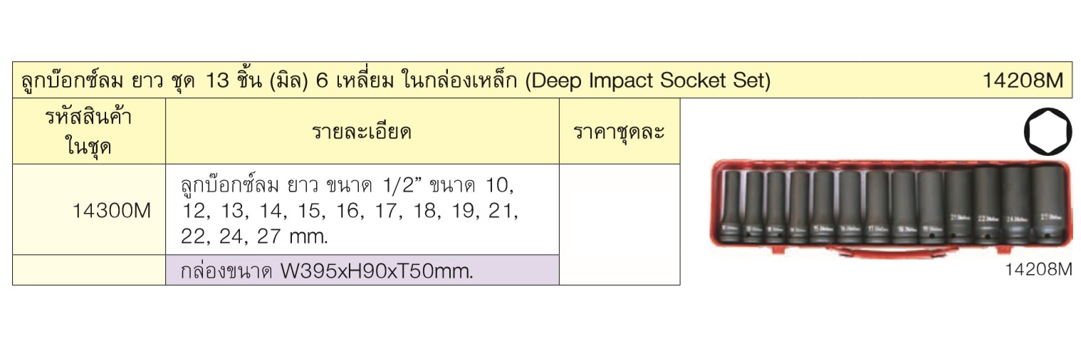 KOKEN 14208M ลูกบ๊อกซ์ลม ยาว ชุด 13 ชิ้น (มิล) 6 เหลี่ยม ในกล่องเหล็ก