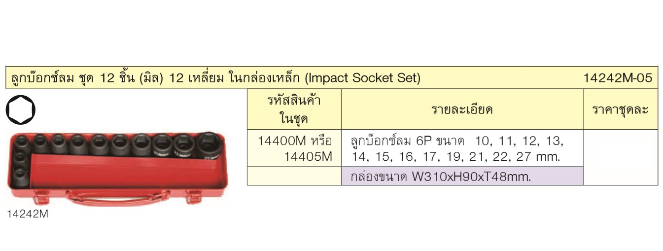 KOKEN 14242M-05 ลูกบ๊อกซ์ลม ชุด 12 ชิ้น (มิล) 12 เหลี่ยม ในกล่องเหล็ก