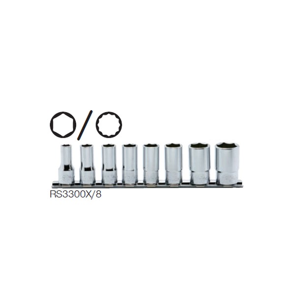KOKEN RS3300X/8 ลูกบ๊อกซ์ กึ่งยาว 6P (มิล) ขนาด 3/8นิ้ว ชุด 8 ชิ้น ในรางเหล็ก