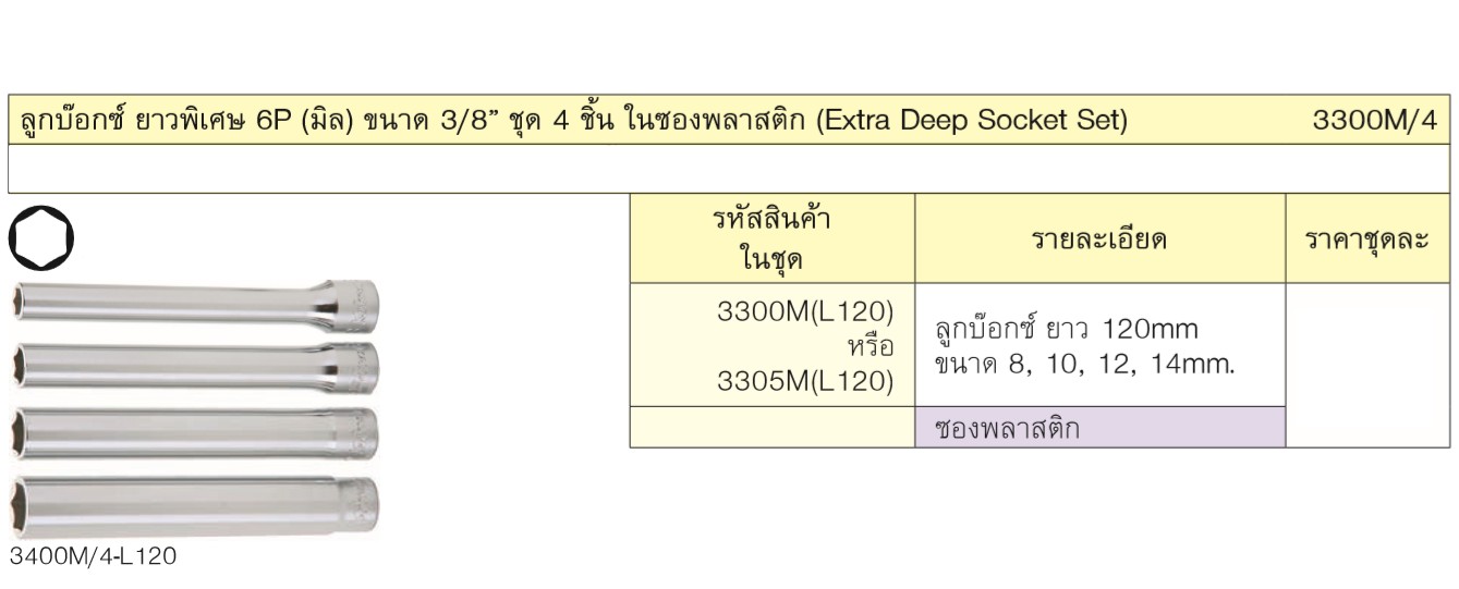 KOKEN 3300M/4 ลูกบ๊อกซ์ ยาวพิเศษ 6P (มิล) ขนาด 3/8นิ้ว ชุด 4 ชิ้น ในซองพลาสติก