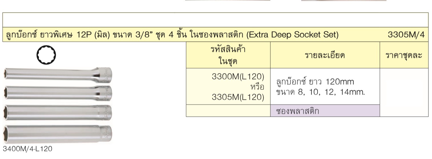 KOKEN 3305M/4 ลูกบ๊อกซ์ ยาวพิเศษ 12P (มิล) ขนาด 3/8นิ้ว ชุด 4 ชิ้น ในซองพลาสติก