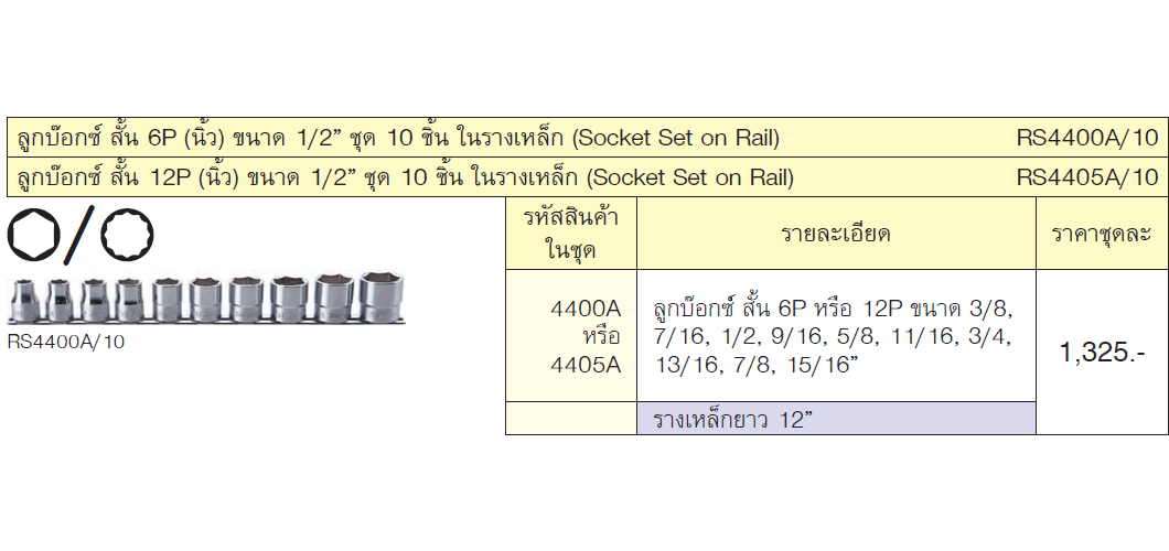 KOKEN RS4400A/10 ลูกบ๊อกซ์ สั้น 6P (นิ้ว) ขนาด 1/2นิ้ว ชุด 10 ชิ้น ในรางเหล็ก