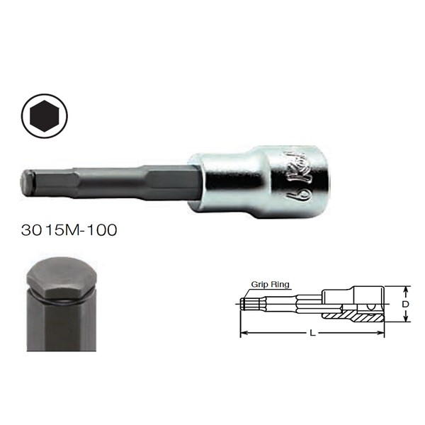 SKI - สกี จำหน่ายสินค้าหลากหลาย และคุณภาพดี | KOKEN 3015M-4 บ๊อกซ์เดือยโผล่ Grip Ring 3/8นิ้ว- L100 - 4mm