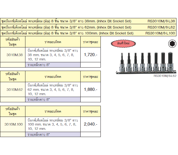 KOKEN RS3010M/8-L62 ชุดบ๊อกเดือยโผล่ ยาว 62mm. 6P(มิล) 3/8นิ้ว ในรางเหล็ก