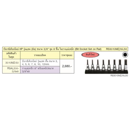 KOKEN RS3010MZ/8-L50 บ็อกเดือยโผล่ 6P รุ่นแชด 3/8นิ้ว ชุด 8 ชิ้น ในรางแม่เหล็ก