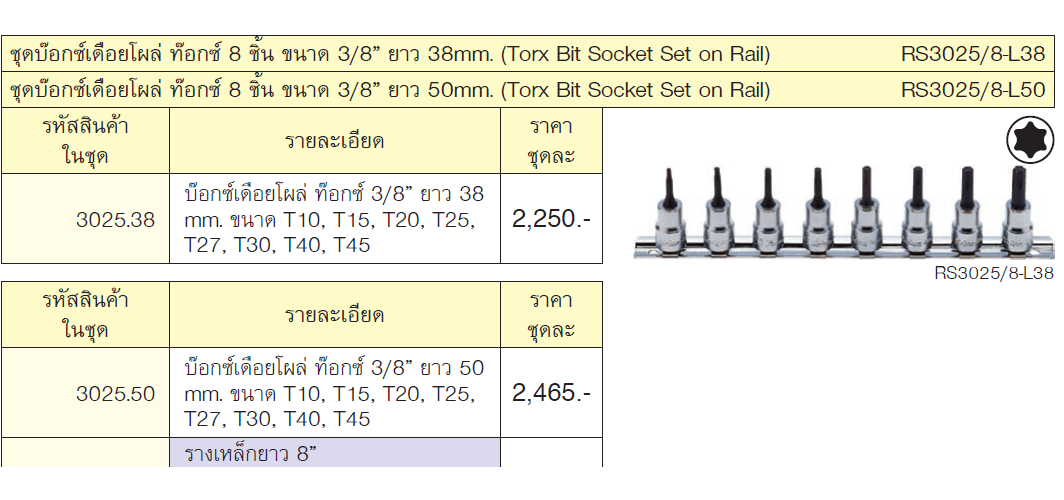 KOKEN RS3025/8-L38 ชุดบ๊อกซ์เดือยโผล่ ท๊อกซ์ 8 ชิ้น ขนาด 3/8นิ้ว ยาว 38mm.