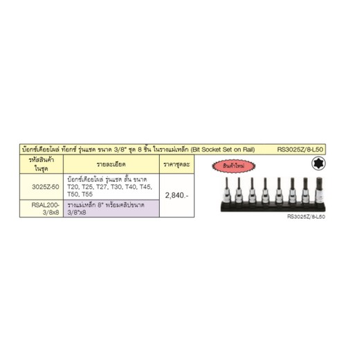KOKEN RS3025Z/8-L50 บ๊อกซ์เดือยโผล่ ท๊อกซ์ รุ่นแชด ขนาด 3/8นิ้ว ชุด 8 ชิ้น ในรางแม่เหล็ก