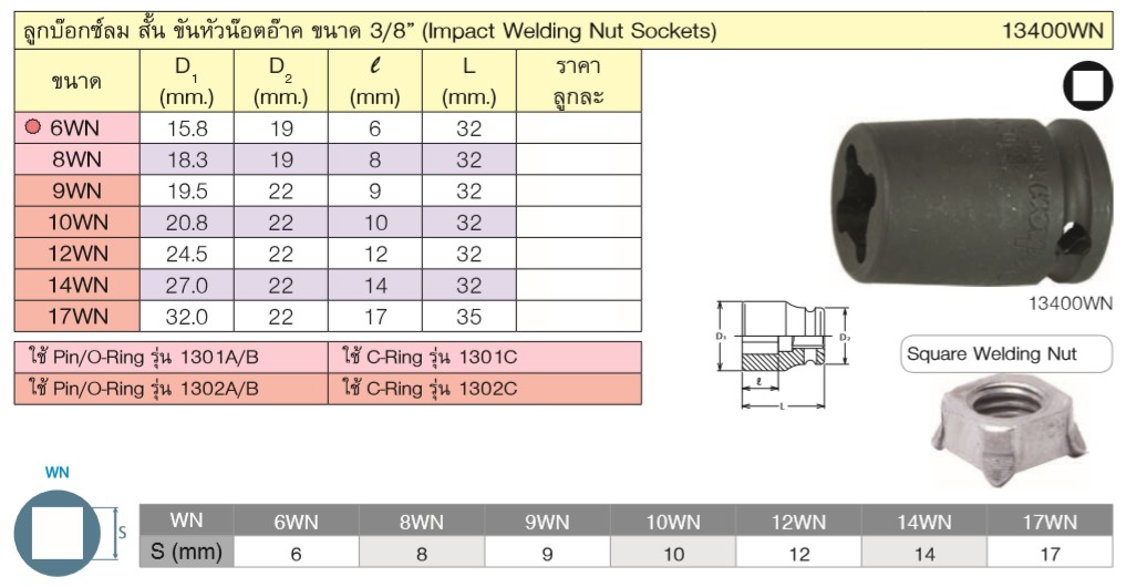 KOKEN 13400WN-6WN ลูกบ๊อกลมสั้น ขันหัวน๊อตอ๊าค 3/8นิ้ว-6WN