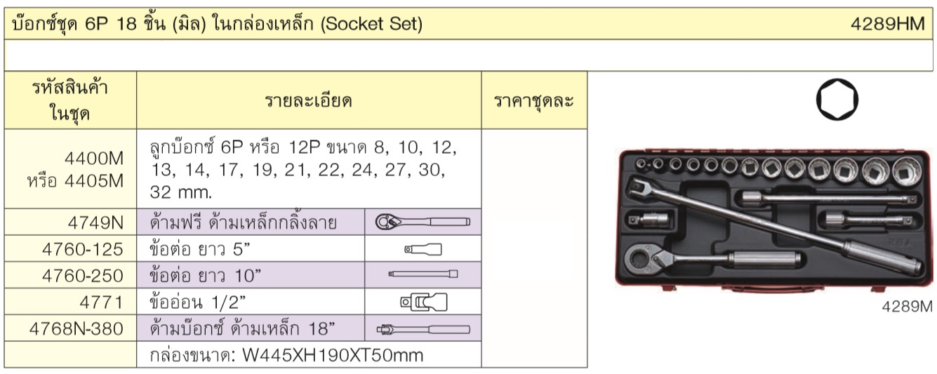 KOKEN 4289HM บ๊อกชุด 6P(มิล) 18ชิ้น ในกล่องเหล็ก