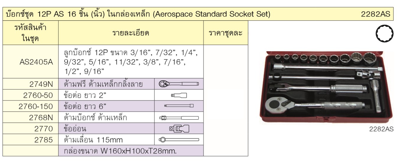 KOKEN 2282AS บ๊อกชุด 1/4นิ้ว-12P (ซ่อมเครื่องบิน) AS 16ชิ้น(นิ้ว) ในกล่องเหล็ก