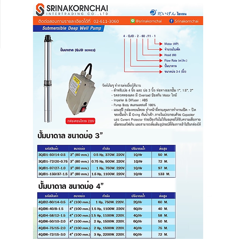 SKI - สกี จำหน่ายสินค้าหลากหลาย และคุณภาพดี | DAYUAN 3QJD1-133/39-1.5 ปั๊มบาดาล 1.5HP 39 ใบพัด 1Q/Hr x 133m ท่อออก 1นิ้ว สำหรับบ่อ 3นิ้ว มี OVERLOAD พร้อม