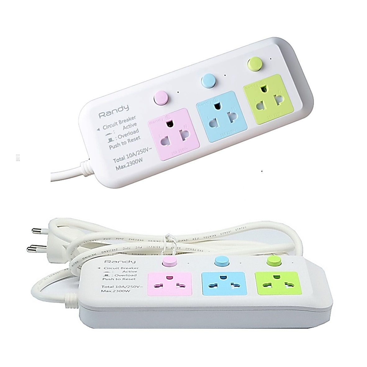 Randy 813C-5M ปลั๊กไฟสี - 3ช่อง 3สวิทช์ (สี) สายไฟยาว 3 เมตร กำลังไฟ 10A-2300W