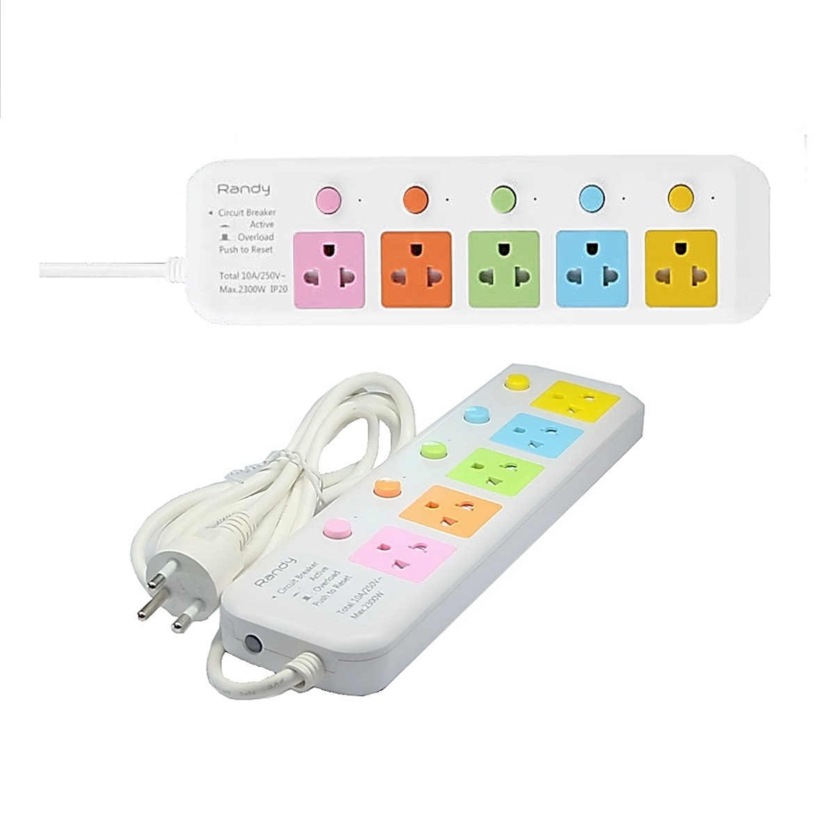 Randy 815C-5M ปลั๊กไฟสี - 5ช่อง 5สวิทช์ (สี) สายไฟยาว 5 เมตร กำลังไฟ 10A-2300W