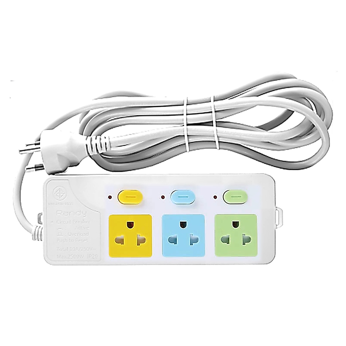Randy 887C-3M ปลั๊กไฟ - 3ช่อง 3สวิทช์ (สี) สายไฟยาว 3 เมตร กำลังไฟ 10A-2300W