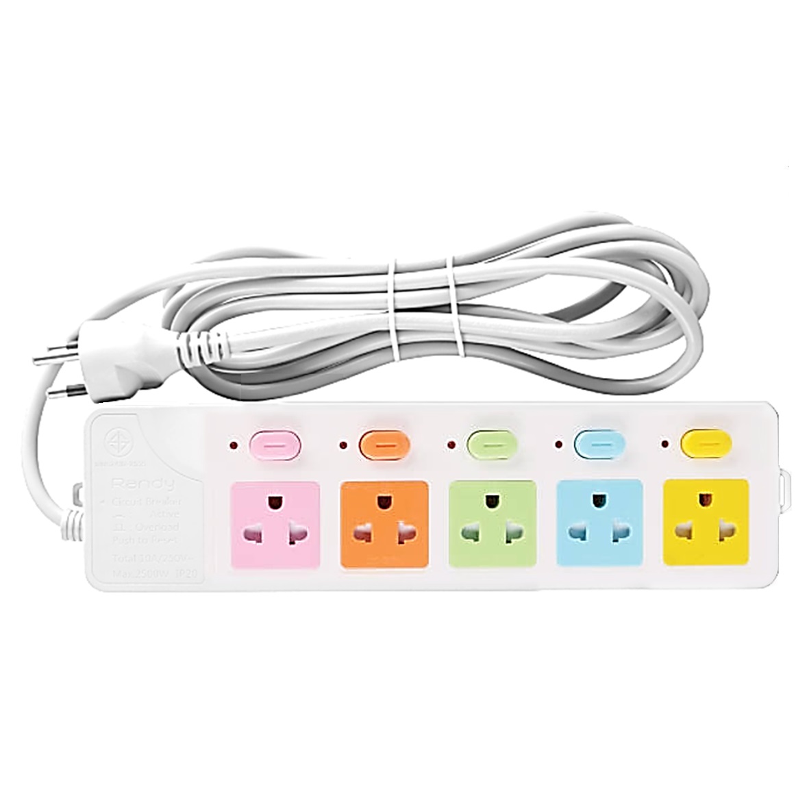 Randy 889C-5M ปลั๊กไฟสี - 5ช่อง 5สวิทช์ (สี) สายไฟยาว 5 เมตร กำลังไฟ 10A-2300W