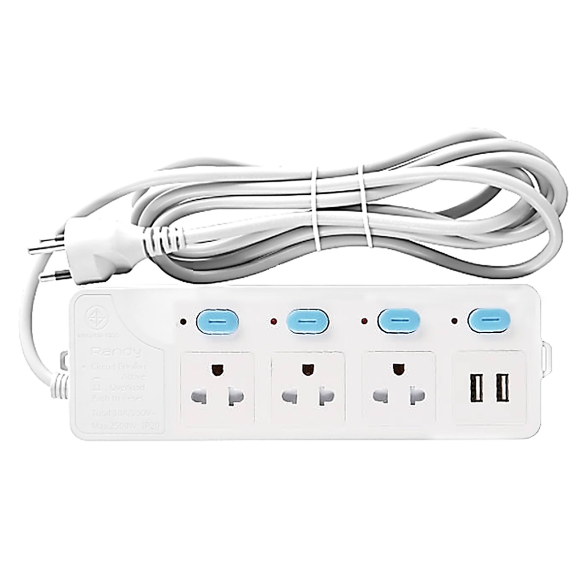 Randy 888U-3M ปลั๊กไฟ - 3ช่อง 2 USB 4สวิทช์ สายไฟยาว 3 เมตร กำลังไฟ 10A-2300W