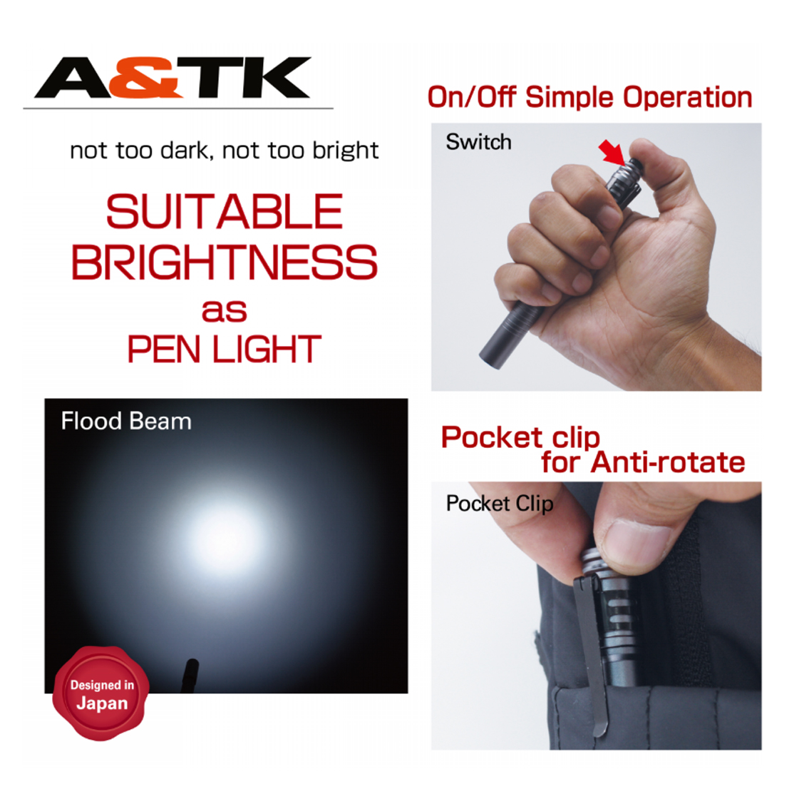 A&TK MNR-001G ไฟฉายสีเทาส่องสว่าง 110 lm (ใช้ถ่าน 2AAA 2 ก้อน)