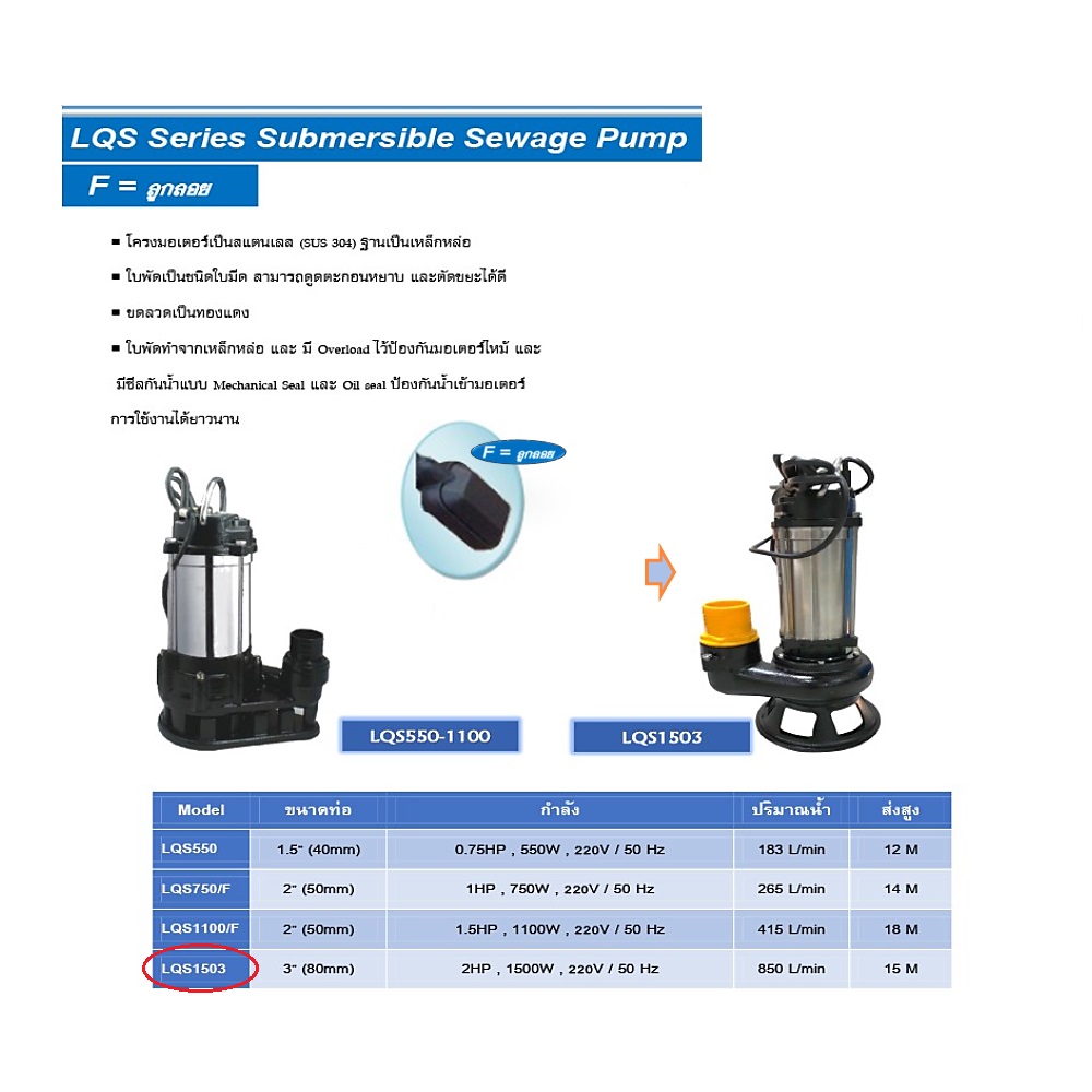 DAYUAN LQS1503F ปั๊มแช่ 3นิ้ว 1500W ความเร็วรอบ 2900 RPM สูง 15M ปริมาณน้ำ 850 L/min. >SUS./น้ำเสียมีตะกอน